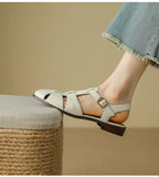 KYLETHOMASW  -  Sandals Women Low Thick Heel Genuine Leather Hook and Loop Back Strap Casual Sandals Summer Solid Color Shoes Fashion New