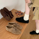 KYLETHOMASW  -  Suede Retro Lace Up Casual Flat Shoes Women Comfort Shallow Autumn Footwear Female Brown Fashion Brand Ballet Sneakers Women