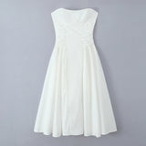 KYLETHOMASW  -  Sexy White Slash Collar Backless Midi Long Strapless Dress Women Pleated Folded Low Waist Pleated Ruched Hem Swing Party Robe