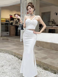 KYLETHOMASW  -  Elegant Sexy Long Evening Gown with Mesh Splice And Side Slit High Waist Bodycon Dress for Women Party Ball Celebration
