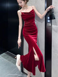 KIylethomasw Women Sexy Vintage Split Velvet Midi Dresses Summer French Elegant Spaghetti Strap Wedding Party Female Clothing