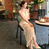 KYLETHOMASW  -  French Fashionable Elegant Satin Evening Gown Women's Backless V-neck Halter Camisole Long Dress Sexy Chic Banquet Gown