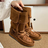KYLETHOMASW  -  Retro Weaved Tassel Lace-Up Cowboy Boots Woman Turned-Over Edge Suede Leather Mid-Calf Boots Ladies Inner Height Western Boots