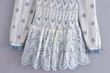KYLETHOMASW  -  Fashion Women Floral Hollow Out Embroidery Elastic Mini Dress Vintage Long Sleeve Female Super-Short Dress Summer Robe