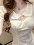 KYLETHOMASW  -  Summer French Elegant Lace Doll Collar Puff Sleeve Sheer Polka Dot Mesh Hollowout Slim Fit Two Piece Dress Women Daily Party