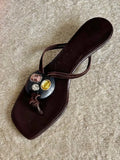 KYLETHOMASW  -  Summer New Women's Brown Flip Flops Square Toe Kitten Heel Rhinestone Inlaid Retro Casual Ladies Beach Outdoor Slippers