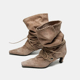 KYLETHOMASW  -  Autumn Winter Faux Suede Weave Lace-up Women Motorcycle Boots Fashion High heels Chelsea Western Mid-Calf Short Booties Shoes