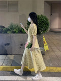 KYLETHOMASW  -  Women Summer Fashion Floral Print Ruffle Bandage Sweet Chic Midi Dress Casual Square Collar Short Sleeve Slim Slit Beach Dresses