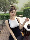 KYLETHOMASW  -  Elegant Black and White Spliced Knitted Dress Women's Summer Sleeveless O-neck Slim Fit A-line Short Dress