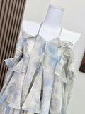 Kylethomasw 2000s Aesthetic Print Fairy Dress Ruffle Fashion Banquet Party Prom Blue Slash Neck Halter Dress Sweet Off Shoulder High Street