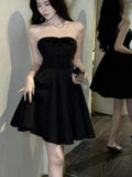 Kylethomasw New Summer Elegant Strapless Short Dress Women High Waist A-line Korean Chic Evening Party Dresses Prom Black One Piece Vestido