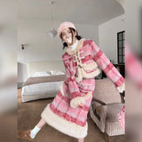 KYLTHOMASW  -   Winter Clothes New Splicing Sweet Woolen Set High End Bull Horn Buckle Grid Wool Coat Long Skirt Two Piece Set Women Outfits