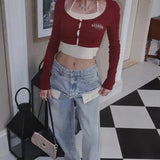 KYLETHOMASW  -  Women's Letter Print Crop Tops, Y2K T-shirt, Long Sleeve, Fake Two-Piece Streetwear, Grunge Clothes, Korean Fashion, Hot Girl