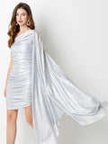 KIylethomasw Sexy One Shoulder Asymmetrical Cloak Glossy Silver Dress Elegant Birthday Evening Party Stretch Folds Bodycon Sheath Vestidos