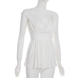 KYLETHOMASW  -  Pure Desire Spicy Girl White Lace Splice Knitted Top Summer Self-built Station New Pleated Slim Fit V-neck T-shirt Women