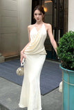 KYLETHOMASW  -  French Fashionable Elegant Satin Evening Gown Women's Backless V-neck Halter Camisole Long Dress Sexy Chic Banquet Gown