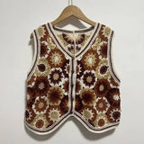 KYLETHOMASW  -  Elegant Style Women's Vintage Floral Crochet Knit Vest Hollow V-Neck Sleeveless Casual All-match Summer New Top
