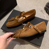 KYLETHOMASW  -  Luxury Metal Decoration Tassel Design Flats Women Comfortable Faux Suede Soft Sole Loafers Retro T Strap Buckle Mary Jane Shoes