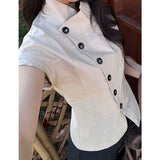 KYLETHOMASW  -  Harajuku Irregular Shirts Women Vintage Cropped Short Sleeve Blouses Summer Ladies Korean Single Breasted Casual Tops New