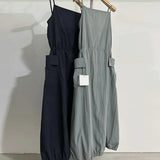 Kylethomasw Vintage Off-shoulder Solid Color Casual Mid-length Dress Women Summer New Korean Drawstring Pleated Loose Sling Dress