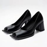 KYLETHOMASW  -  Luxury Designer Women's Pumps Sexy Square Toe Chunky Heel High Heels Black Soft Leather Elegant Evening Dress Shoes for Women
