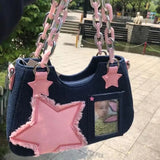 Kylethomasw Pink Women's Bag Y2k Star Chain Underarm Bag New  Fashion Cool Dark Harajuku Style Denim Bag Tote Bag Purses Handbags Baguett