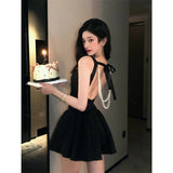 KYLETHOMASW  -  Vintage Black Mini Dress Women Party Prom Sexy Backless Pearl Chain Dresses Summer Elegant Korean Bodycon A Line Vestidos
