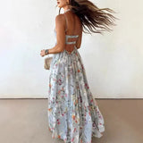 KYLETHOMASW  -  Elegant Sleeveless Hollow Out Pleat Dress Summer New High Waist Backless Evening Dress Sexy Low Cut Halter Floral Printed Dress