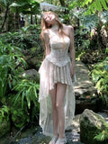 KYLETHOMASW  -  Y2K Irregular Midi Dress Women Fashion Party Sexy Lace Strapless Dress Summer Fairy Korean Bandage Bodycon Design Lady Vestidos