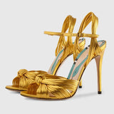Kylethomasw High Quality Narrow Strap Woven Design Gold High Heels Women Sexy Open Toe Ankle Strap Heeled Sandals Elegant Banquet Dress Shoe