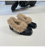 KYLETHOMASW  -  Ins style Fashion Square toe Patent Leather Wool Women Pumps Autumn Winter Warm High heels Loafers Casual Girls Chunky Shoes