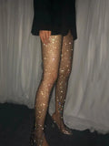 Kylethomasw Rhinestone Braid Leggings Women Side Slit Hollow Out Fishnet Stockings Party Sexy Girl Club Sparkling Pant Woman  New