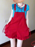 KYLETHOMASW  -  New Japanese Kawaii Women's 2 Piece Sets Vintage Y2k Blue Tops + Red Suspender Pants Fashion Female Chic Korean Popular Clothes