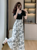 Kylethomasw Elegant Dresses for Women Patchwork A-line Long Dress Floral Print Vintage Casual Chinese Style New Summer One Piece Vestidos
