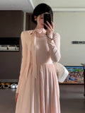 KYLETHOMASW  -  Pink Long Sleeve  Knot Maxi Dress Women's High Waist Gentle Style Spring Autumn Long Skirt A-Line Dress Korean Style
