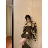 KYLETHOMASW  -  Autumn and Winter New Imitation Fur Leopard Pattern Fur Coat Waist Slimming Coffee Color Slip Dress Two Piece Set Women Outfits