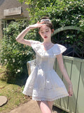 KYLETHOMASW  -  Sweet White Lace Dress Women Evening Party Turn-down Collar Mini Dress French Vintage Casual Midi Dress Summer 2024