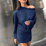 KYLETHOMASW  -  Office Siren Satin Dress for Women's Autumn Elegant Blue Swing Collar Long-sleeved Slim Fit Short Dress Female Clothes