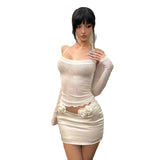 KYLETHOMASW  -  Skinny Fashion 3 Piece Set Women Long Sleeves Crop Tops+Halter Bandage Low-Neck Folds Tops+3d Flowers Skirts Simple Suit