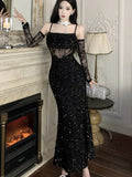 KYLETHOMASW  -  Sexy Sequins Black Womens Dresses Elegant Spaghetti Strap Hollow Out Bodycon Party Dress Summer Slim Waist Vestidos Female Robe