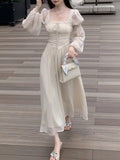 KIylethomasw French Elegant Lantern Sleeve Lace Up Midi Dress Summer Women Square Neck Evening Party Prom Robe Female Vestidos Mujer Autumn