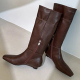 Kylethomasw   -  Women's genuine leather wedge low heel square toe side zip autumn knee high western boots soft comfortable female knight boots