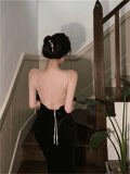 KYLETHOMASW  -  Sexy Backless Black Diamond Straps Dress Women French Hepburn High Split Velvet Dress Sleeveless Hollow Out Evening Party Dress