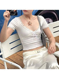 Kylethomasw  Woman Knit T-Shirts Gauze Tees V Neck Tops Short Sleeve Crop Slim Pleated Top Solid Color Daily Crochet Ballet Core Mesh Top