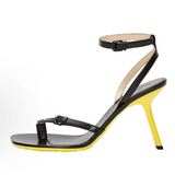KYLETHOMASW  -  New Women Leather Heeled Sandals Single Thin Band Square Toe Ankle Buckle Stilettos Rhinestone Decor