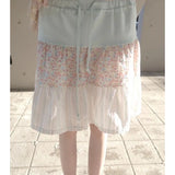 KYLETHOMASW  -  Japanese Floral Print Sweet Knee Length Skirt Women Summer High Waist Lace Up Contrast Color Patchwork Fold A-line Skirt