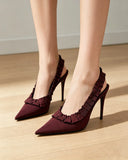 KYLETHOMASW  -  Women's Satin Ruffled Slingback Pumps Pointed‑Toe Pleated Stiletto High Heels Backless Slim Fit Elegant Dress Shoes luxury