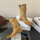KYLETHOMASW  -  Yellow Cowboy Boots Women Lace Up Belt Buckle Block Heels Mid-calf Western Boots Autumn Vintage Designer Shoes Black Botas Mujer