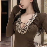 Kylethomasw Vintage Contrast Color Sequin Patchwork Casual Long-sleeved T-shirt Women Autumn New V-neck Pleated Sexy All-match Tops