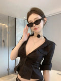 KYLETHOMASW  -  Sexy Black Slim Cropp Blouse Women Turn Down Collar Chic Solid Commuter Shirt Three Quarter Sleeve Street Fashion Deep V Hot Top